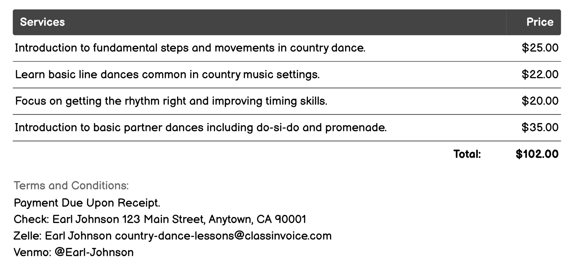 Beginner Country Dance Classes Invoice Example