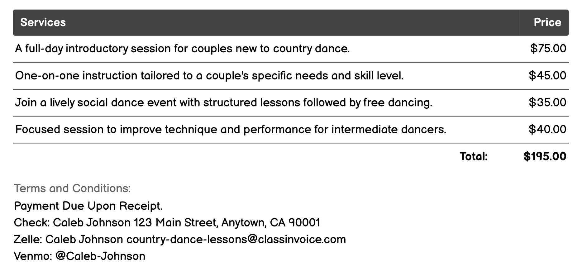 Couples Country Dance Instruction Invoice Example