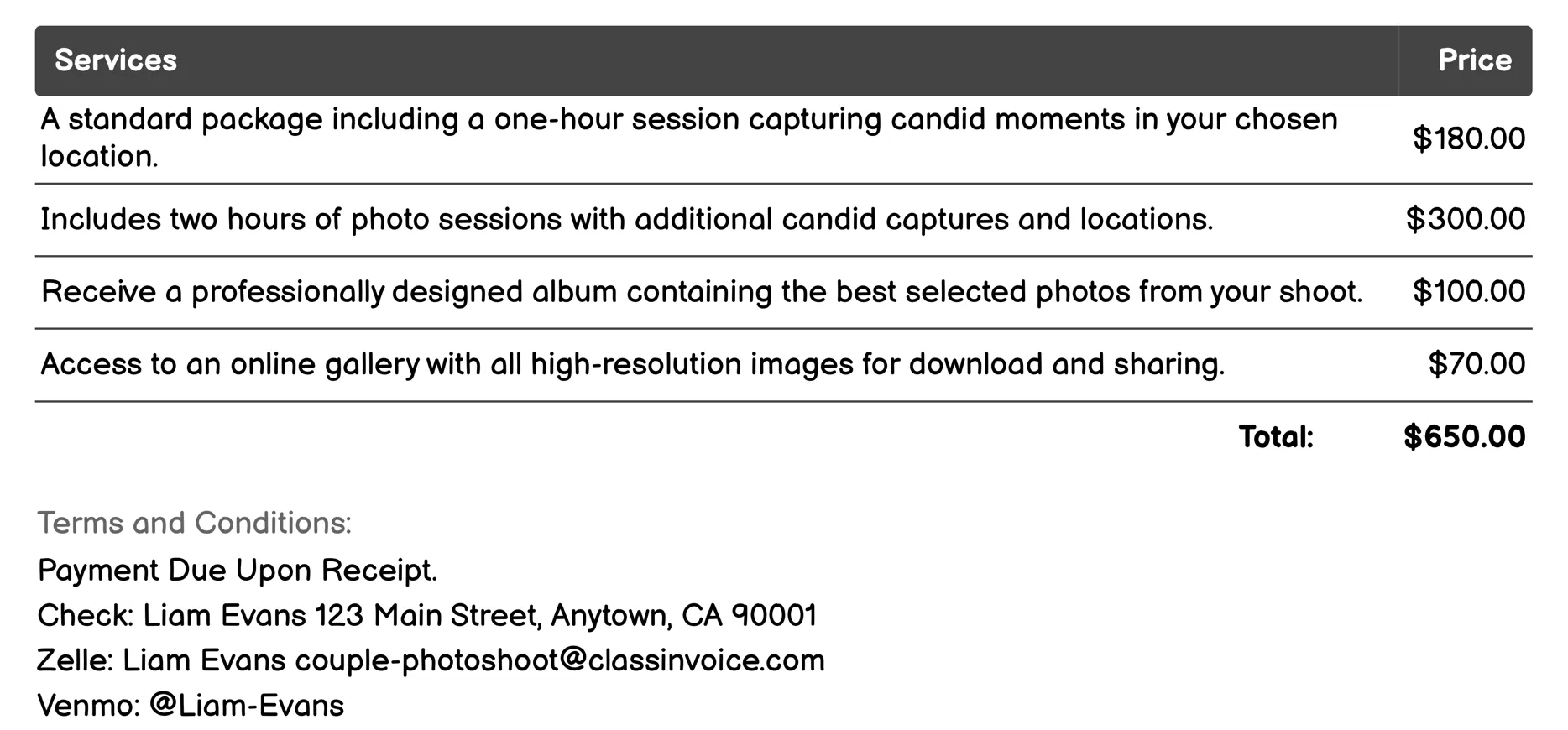Candid Moments Invoice Example
