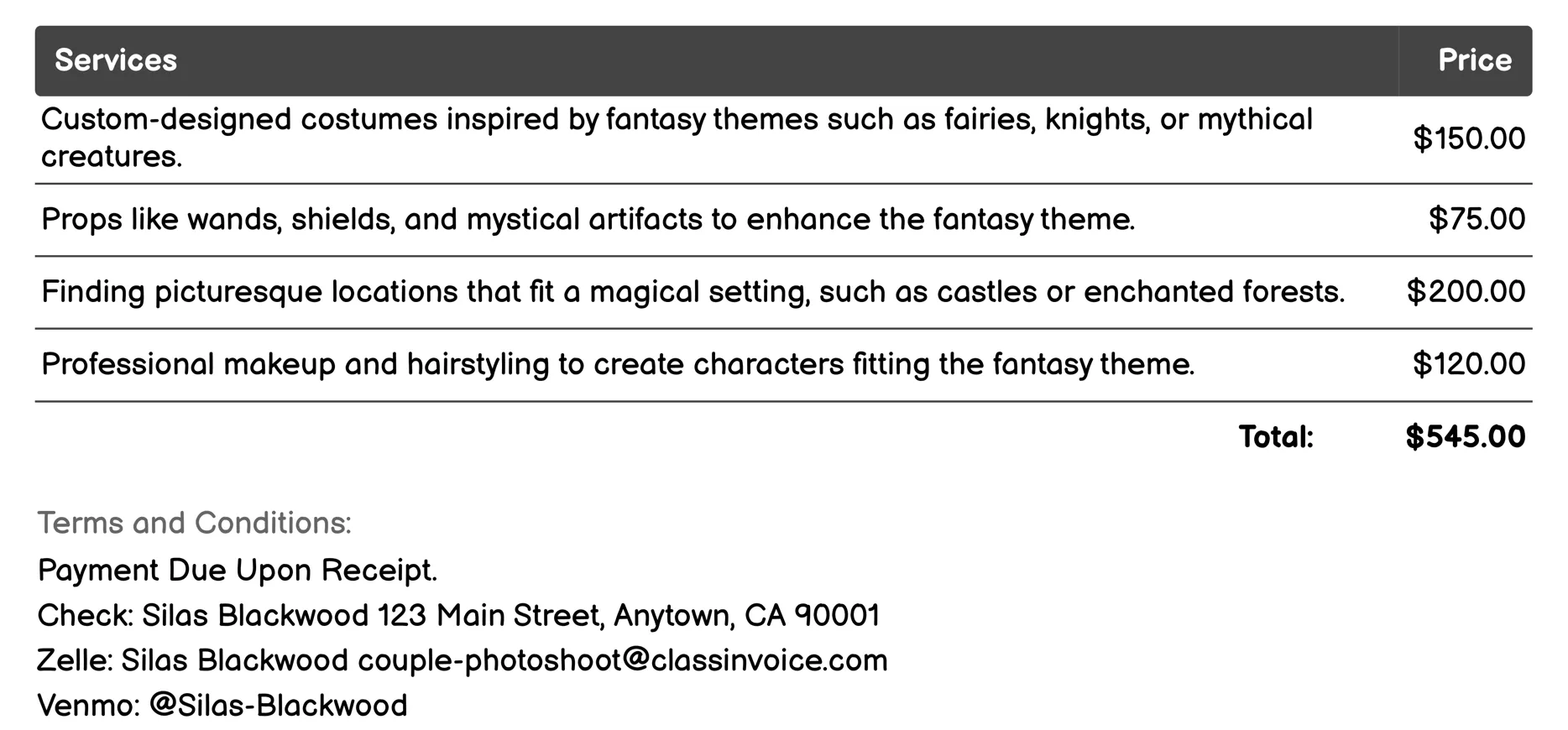 Fantasy Theme Invoice Example