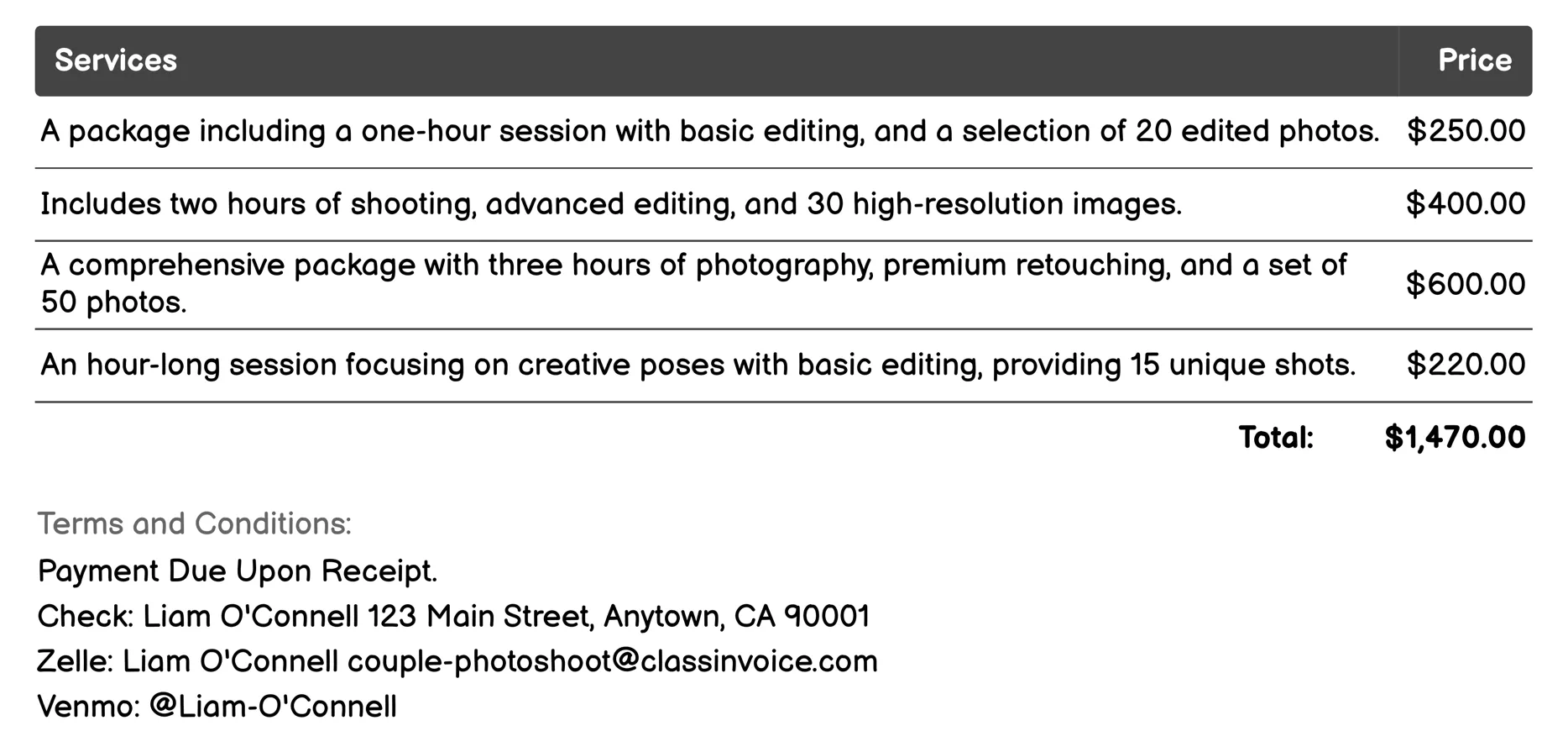 Indoor Studio Session Invoice Example