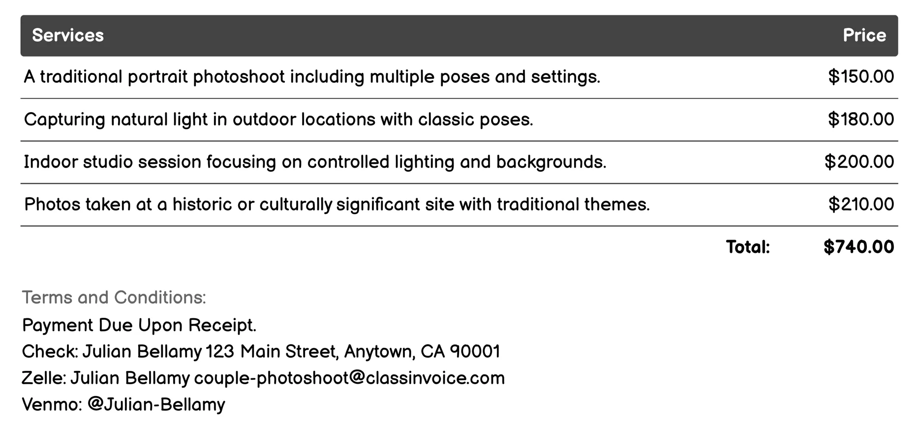 Traditional Portrait Invoice Example