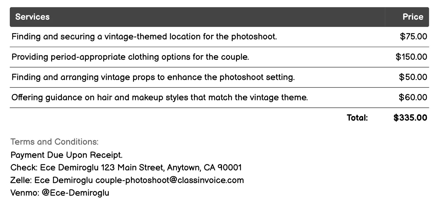 Vintage Style Invoice Example