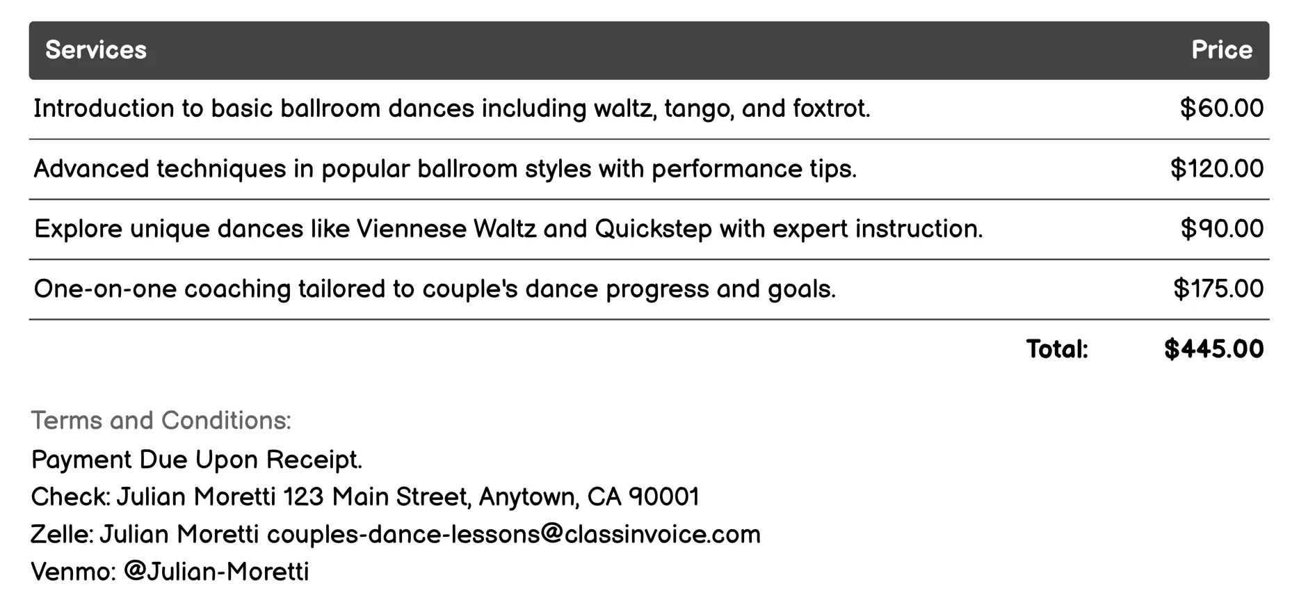 Ballroom Dancing Invoice Example