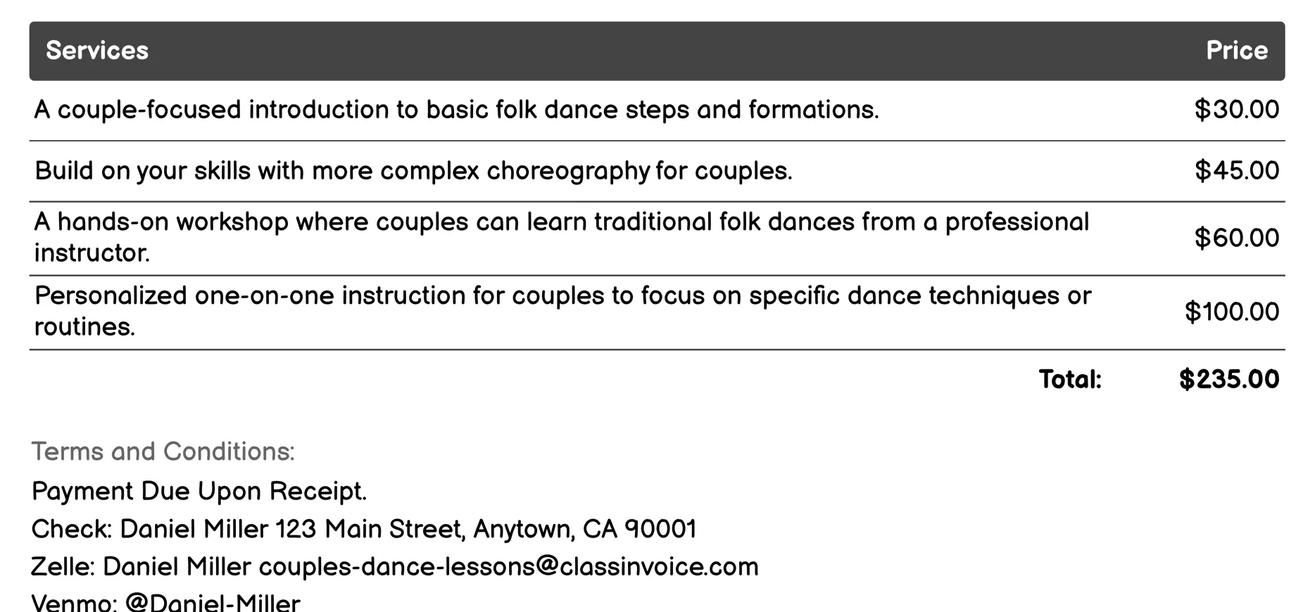 Folk Dance Invoice Example