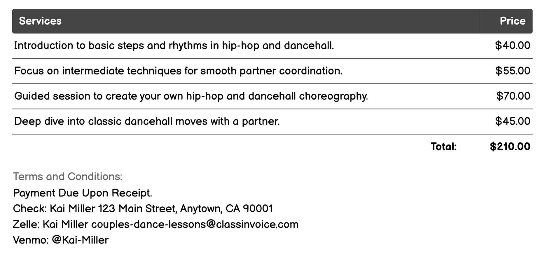 Hip-Hop/Dancehall Invoice Example