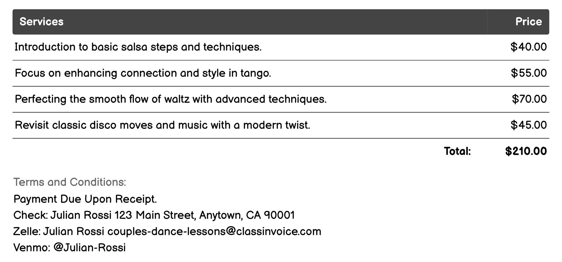 Private Lessons Invoice Example