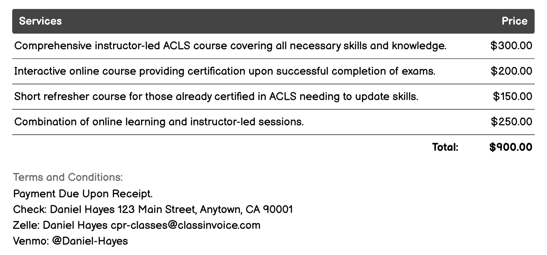 Advanced Cardiac Life Support (ACLS) Invoice Example