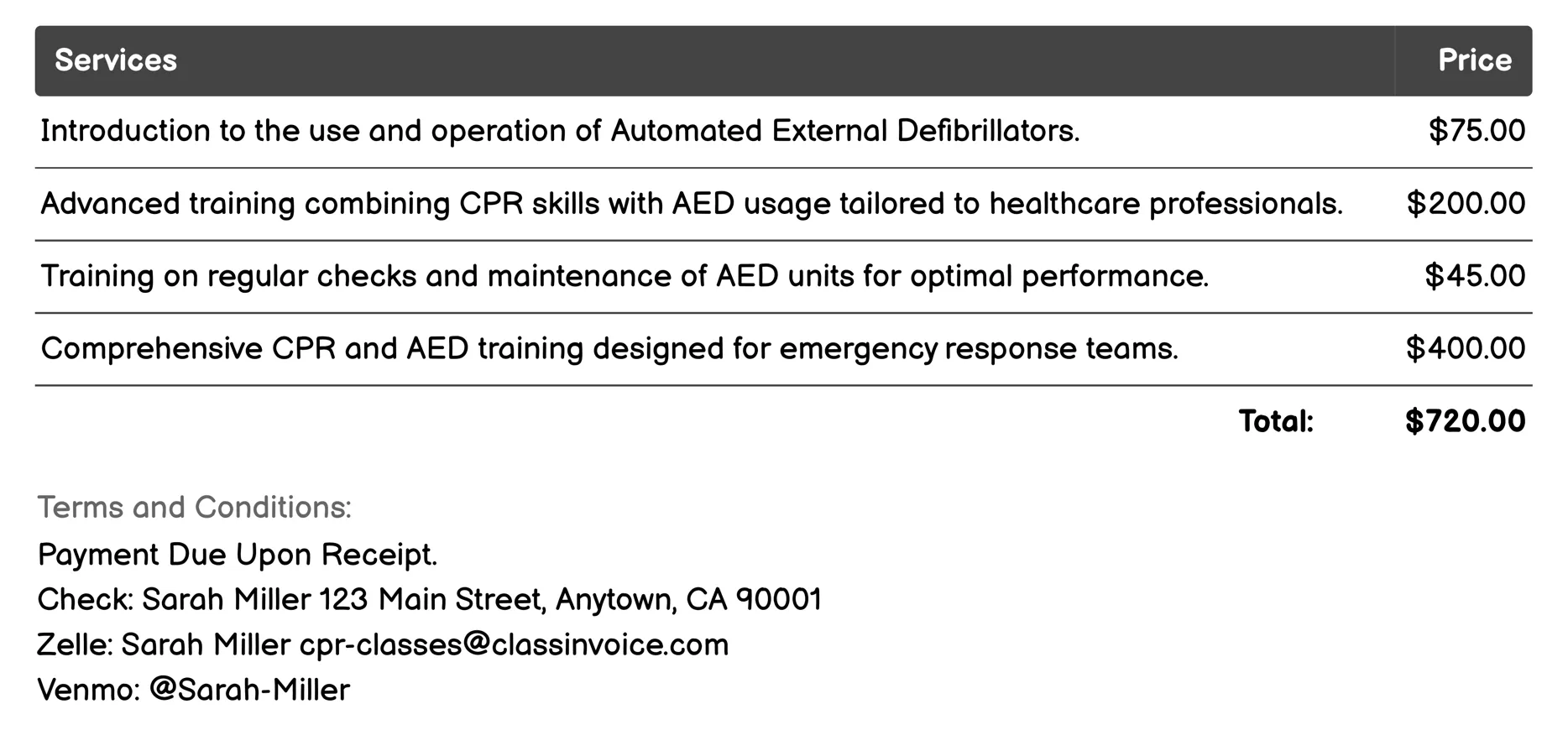 Automated External Defibrillator (AED) Training Invoice Example