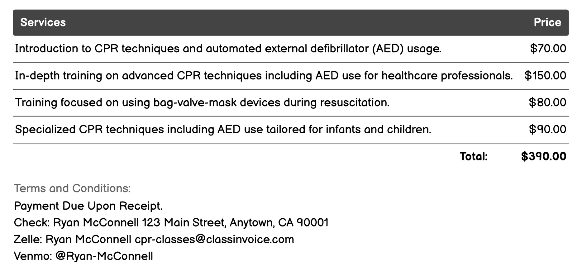 CPR with AED and Bag-Valve-Mask (BVM) Invoice Example