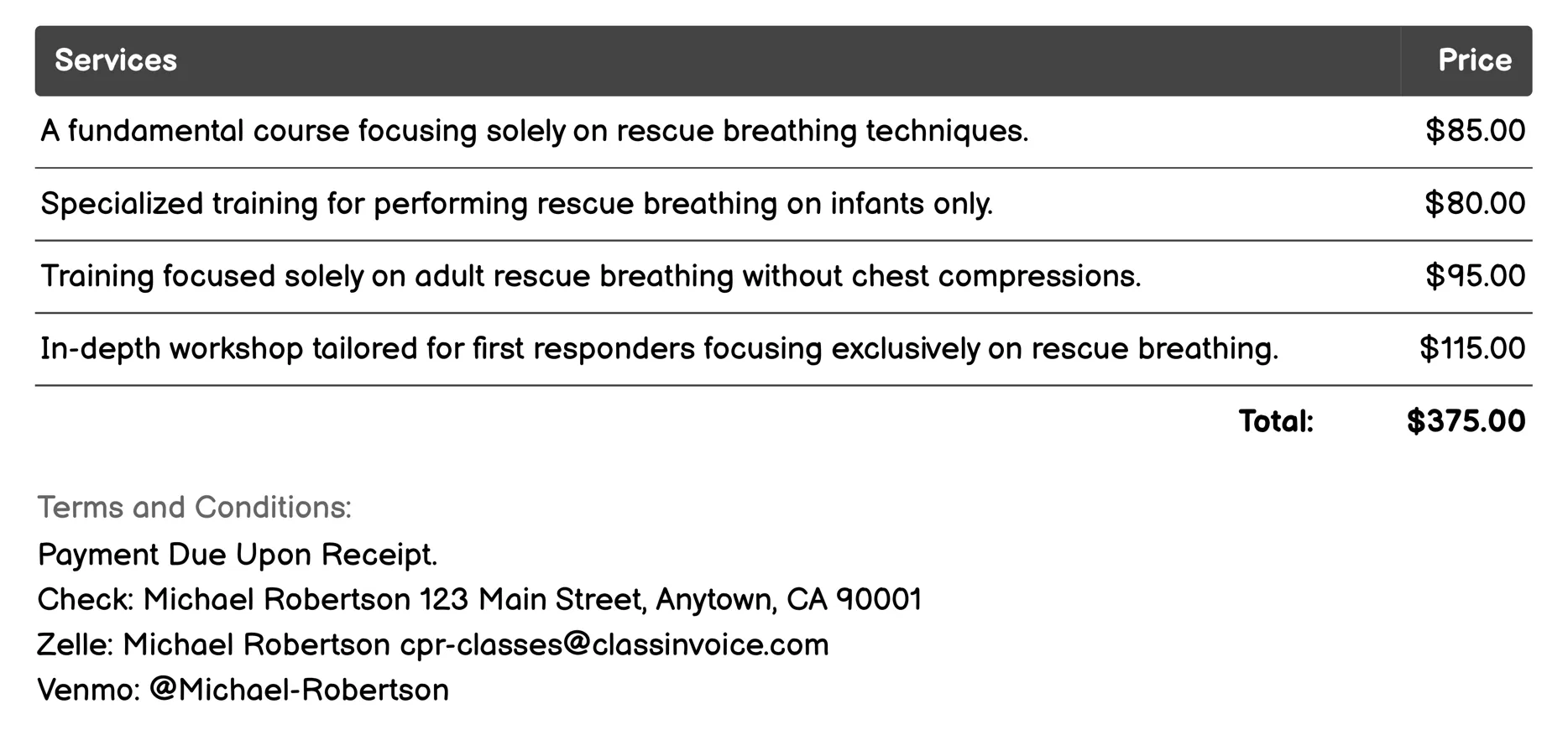 Rescue Breathing Only Invoice Example
