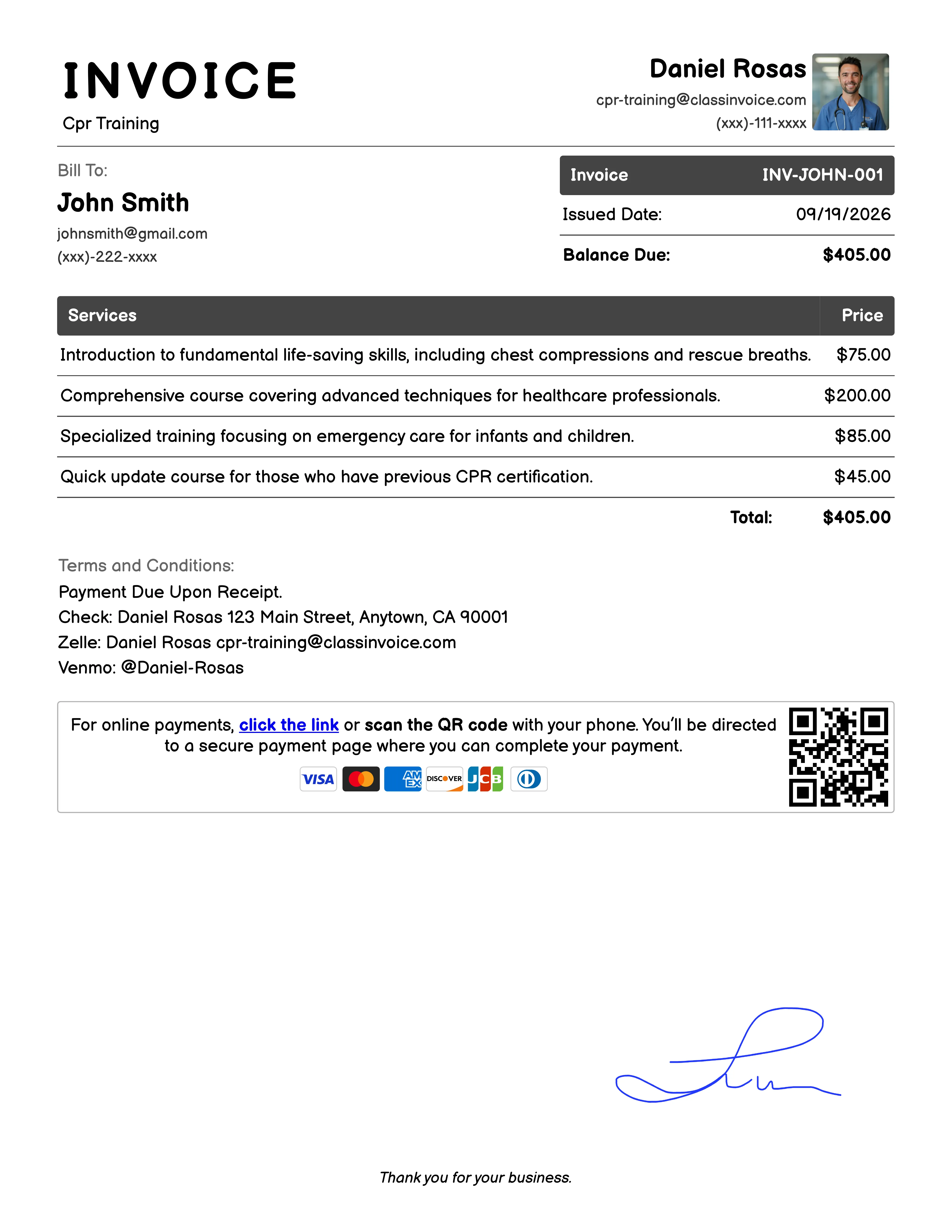 Cpr Training Invoice Example