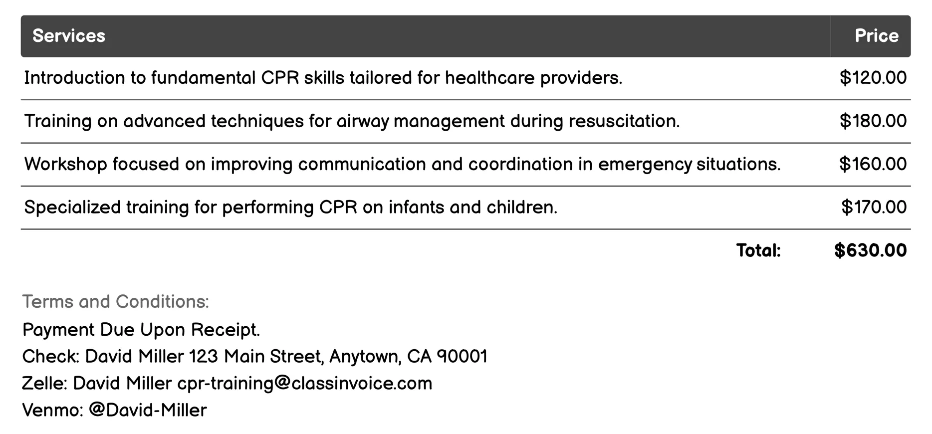 Specialized CPR for Healthcare Providers Invoice Example