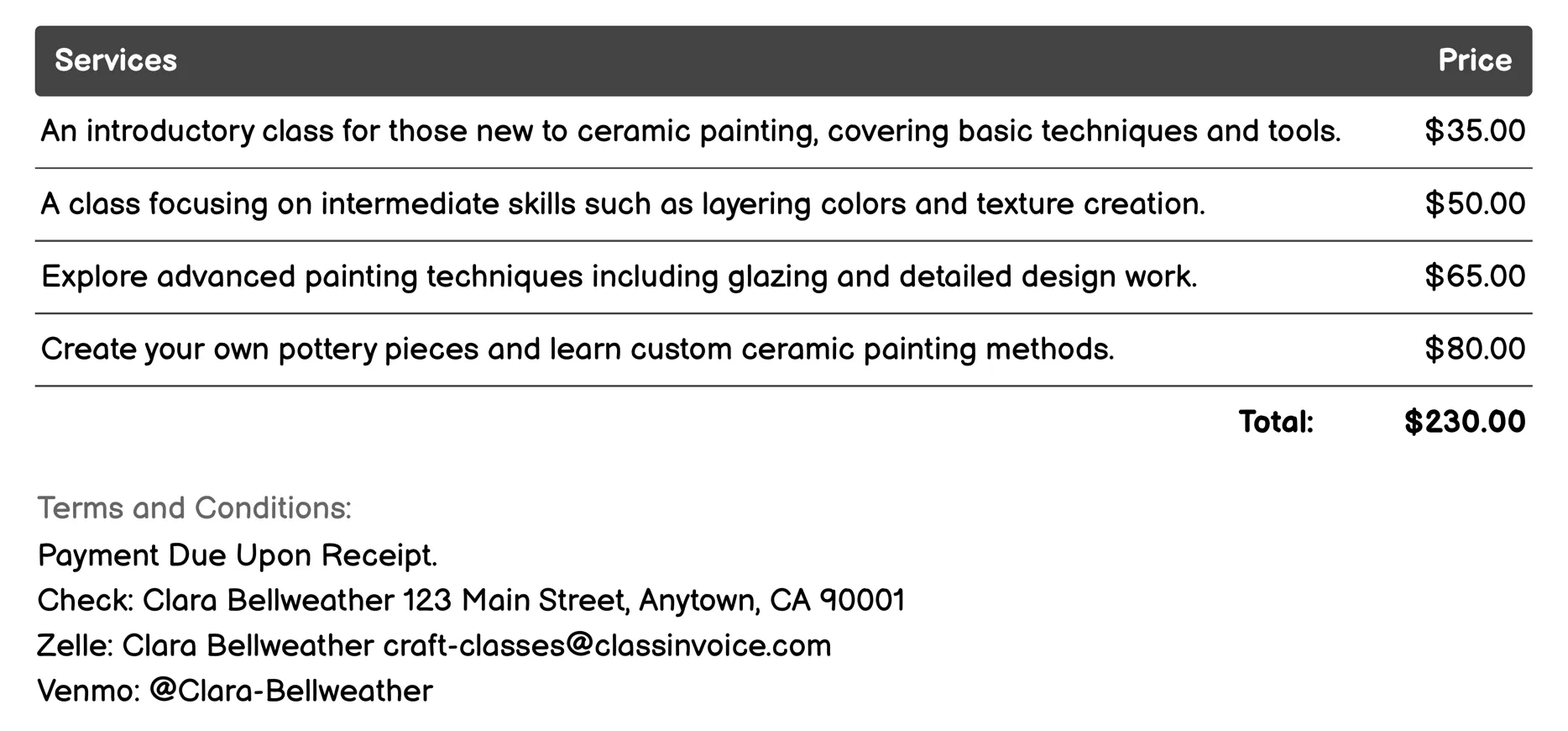 Ceramic Painting Invoice Example