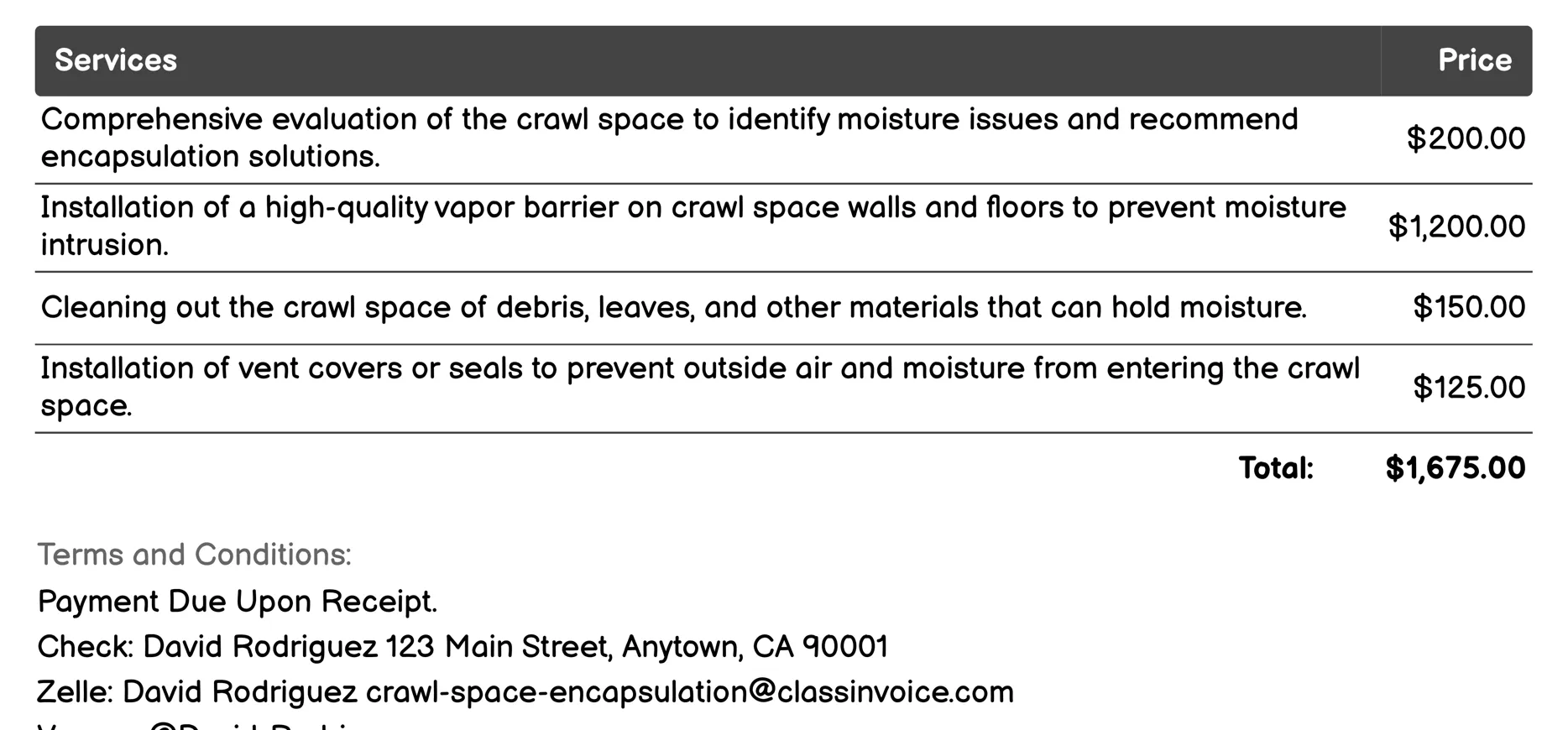 Moisture Barrier Installation Invoice Example