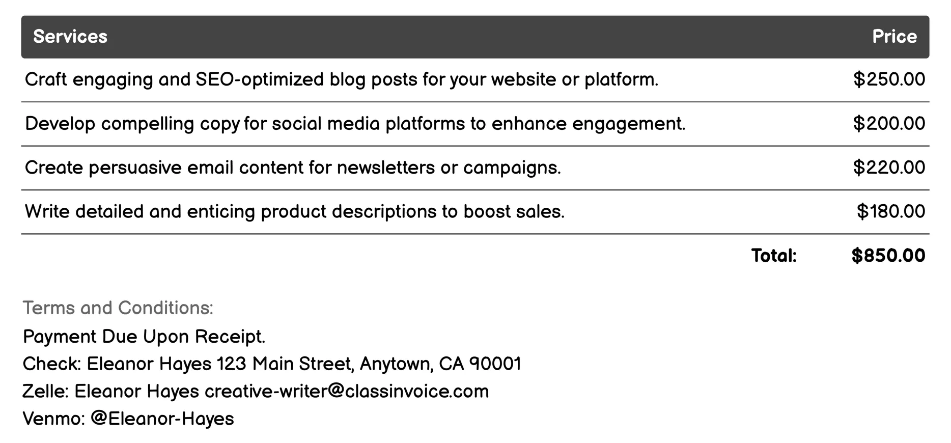 Copywriting Invoice Example