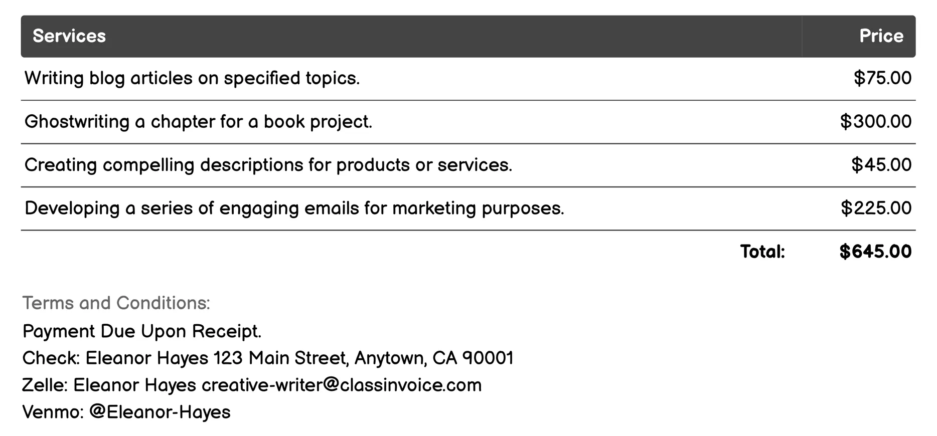 Ghostwriting Invoice Example
