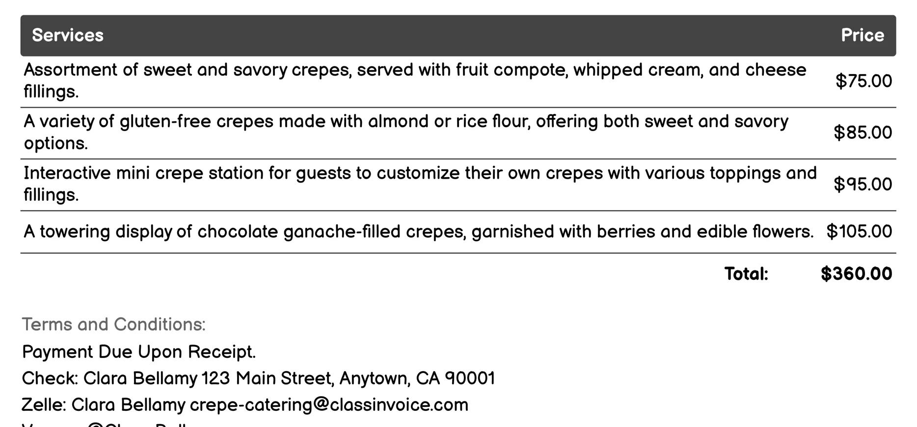 Brunch Services Invoice Example