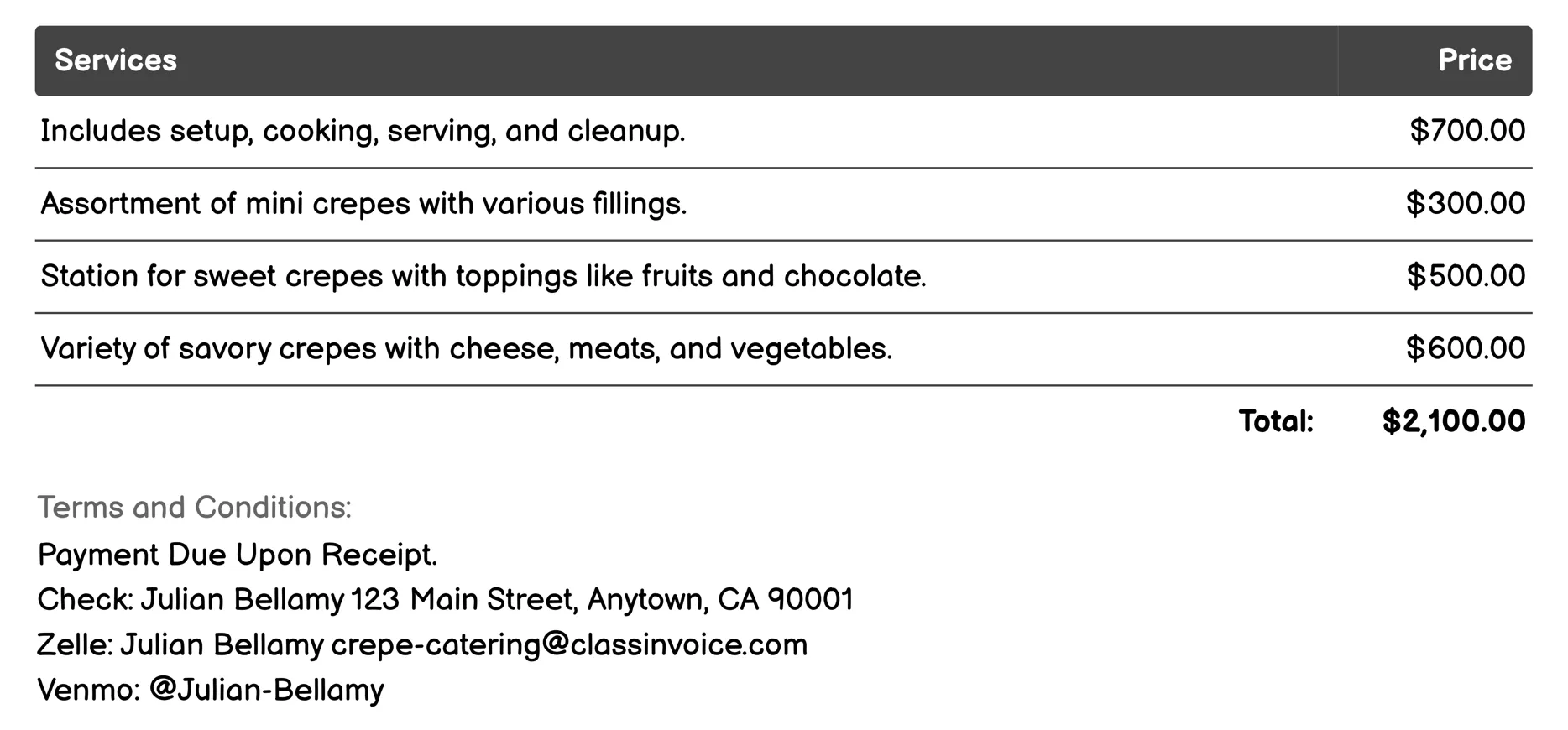 Private Dinner Parties Invoice Example