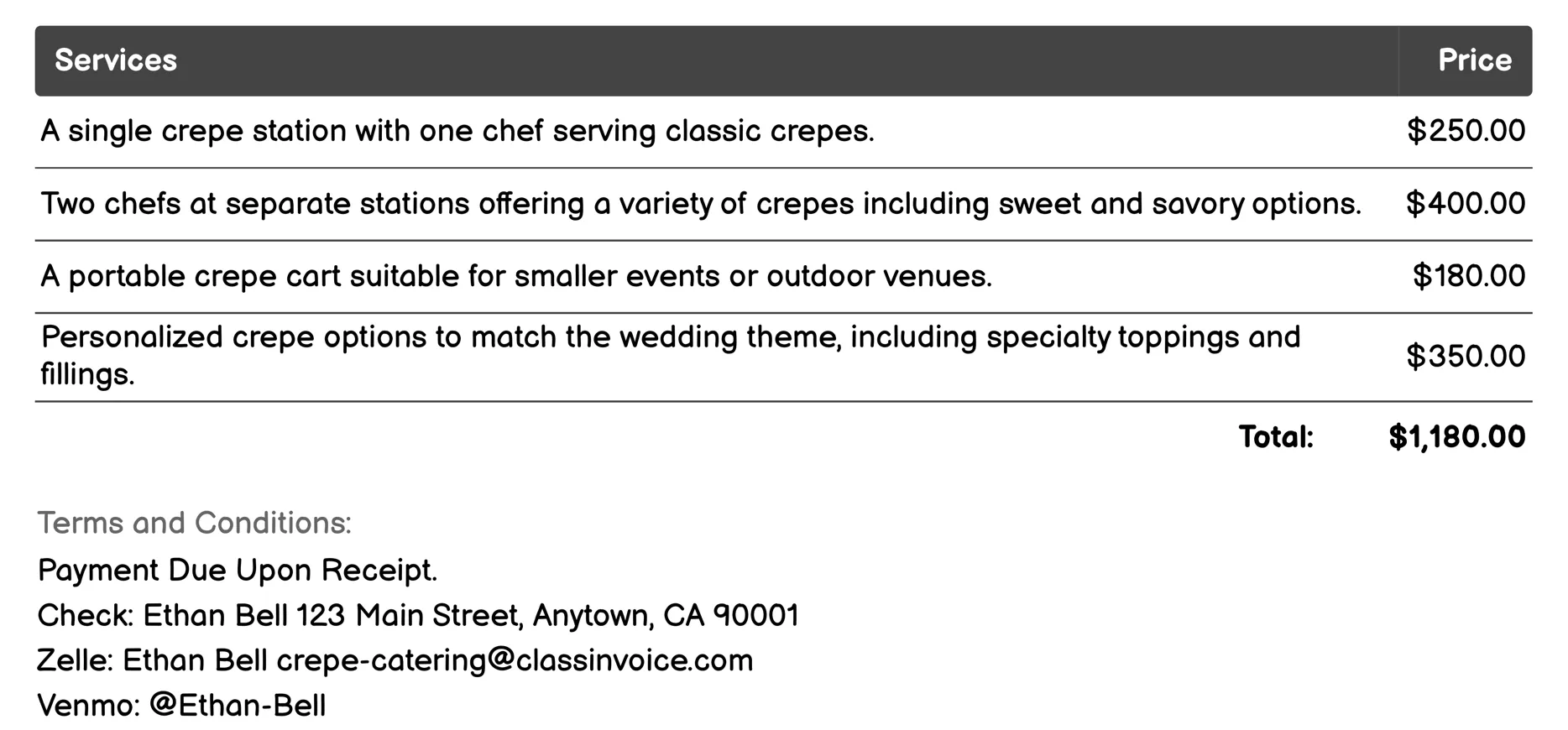Wedding Reception Invoice Example