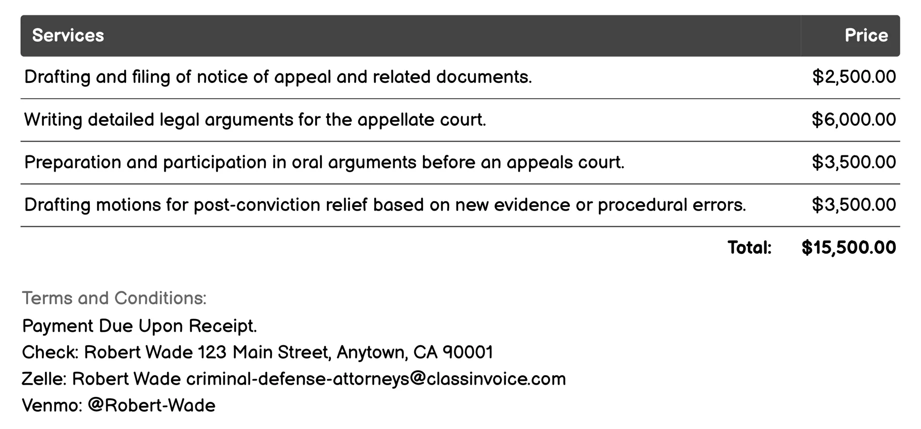 Appeals and Post-Conviction Relief Invoice Example