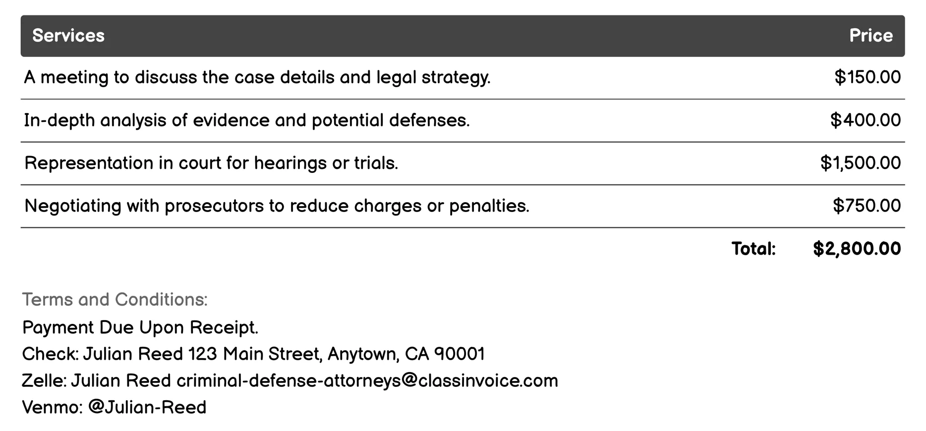 Drug Offense Defense Invoice Example
