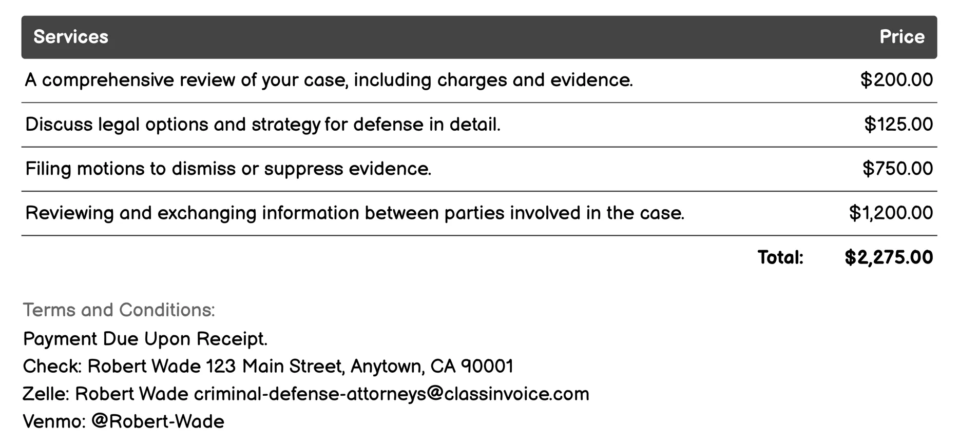 Felony Defense Invoice Example