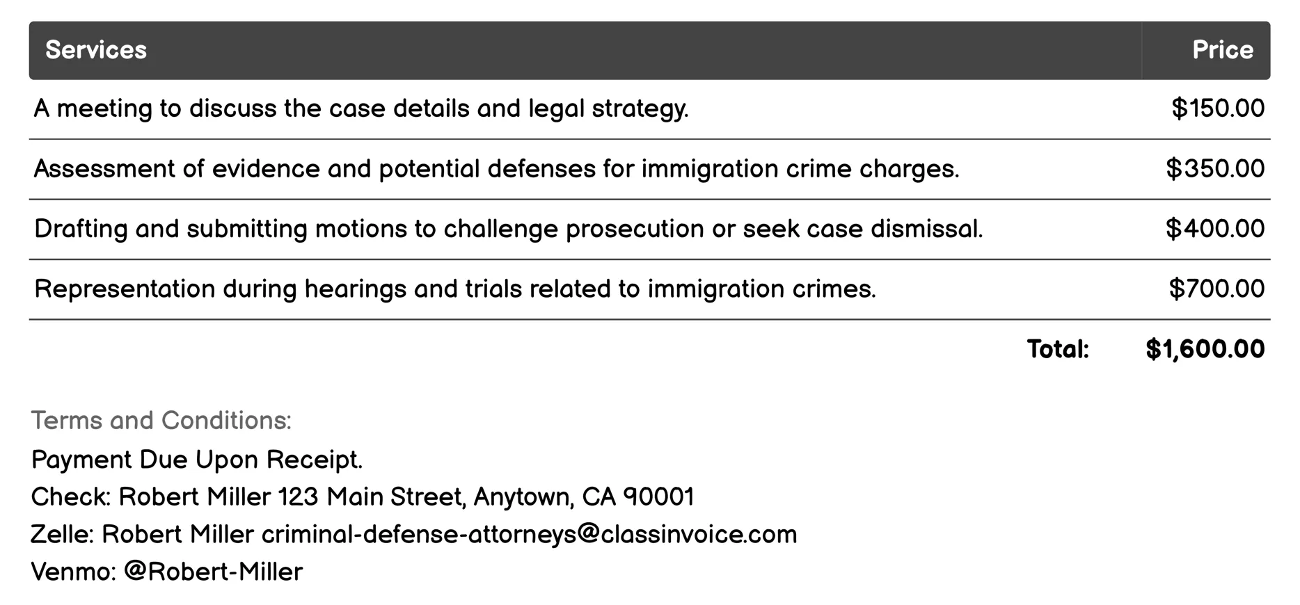 Immigration Crime Defense Invoice Example