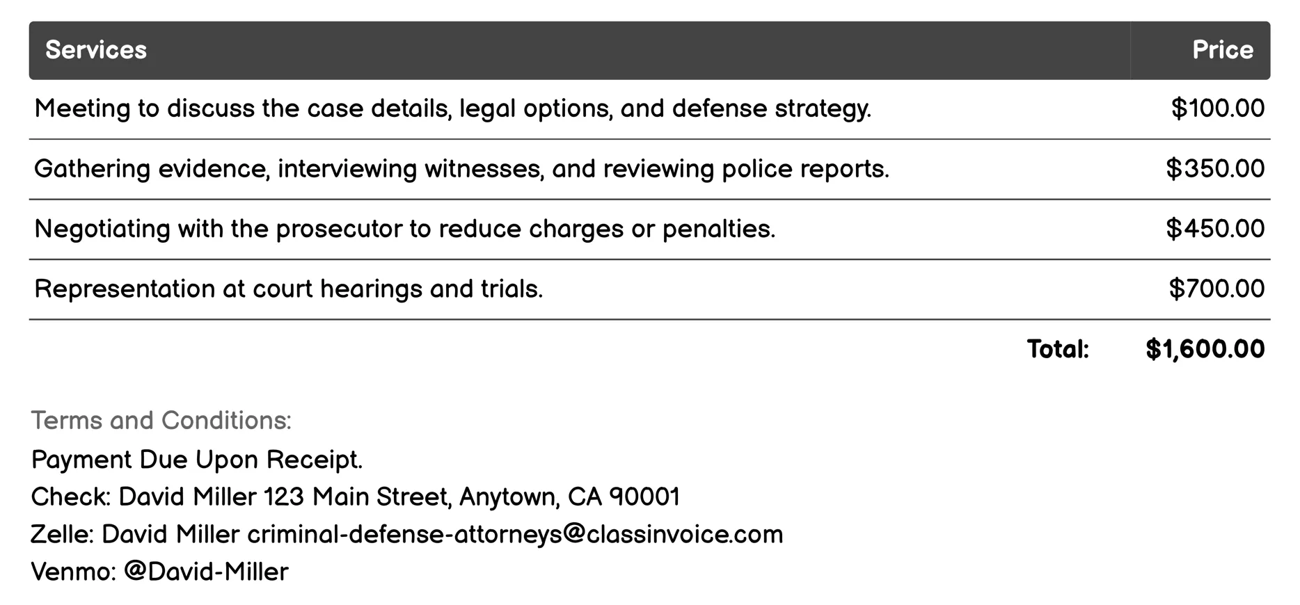Misdemeanor Defense Invoice Example