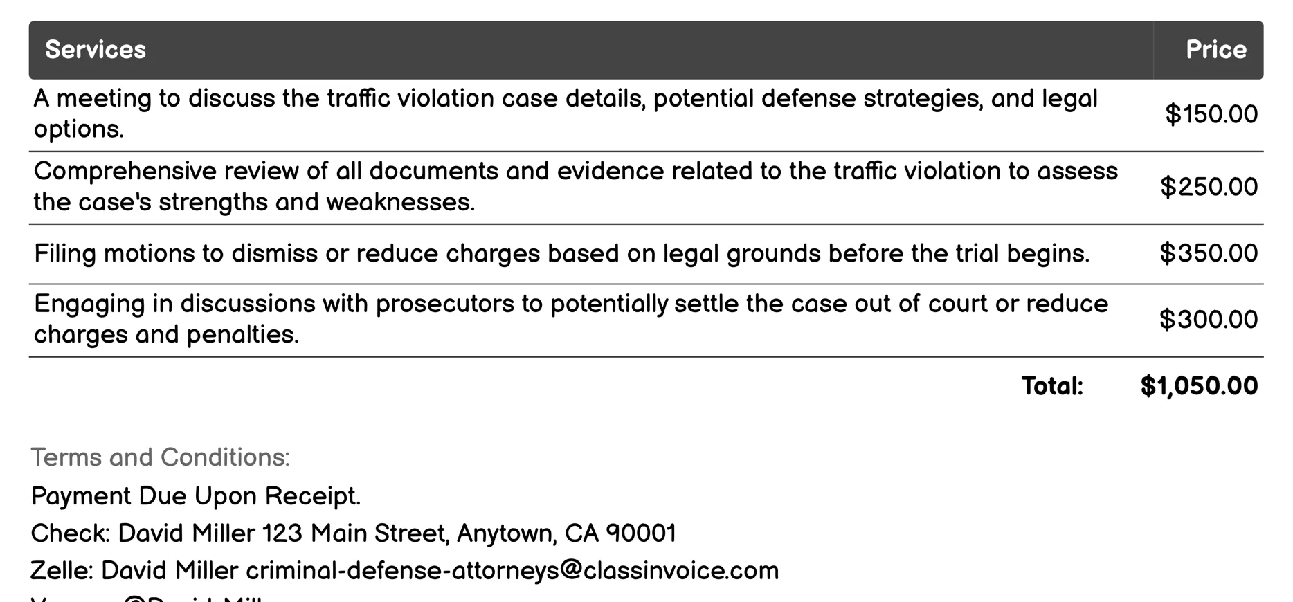 Traffic Violation Defense Invoice Example