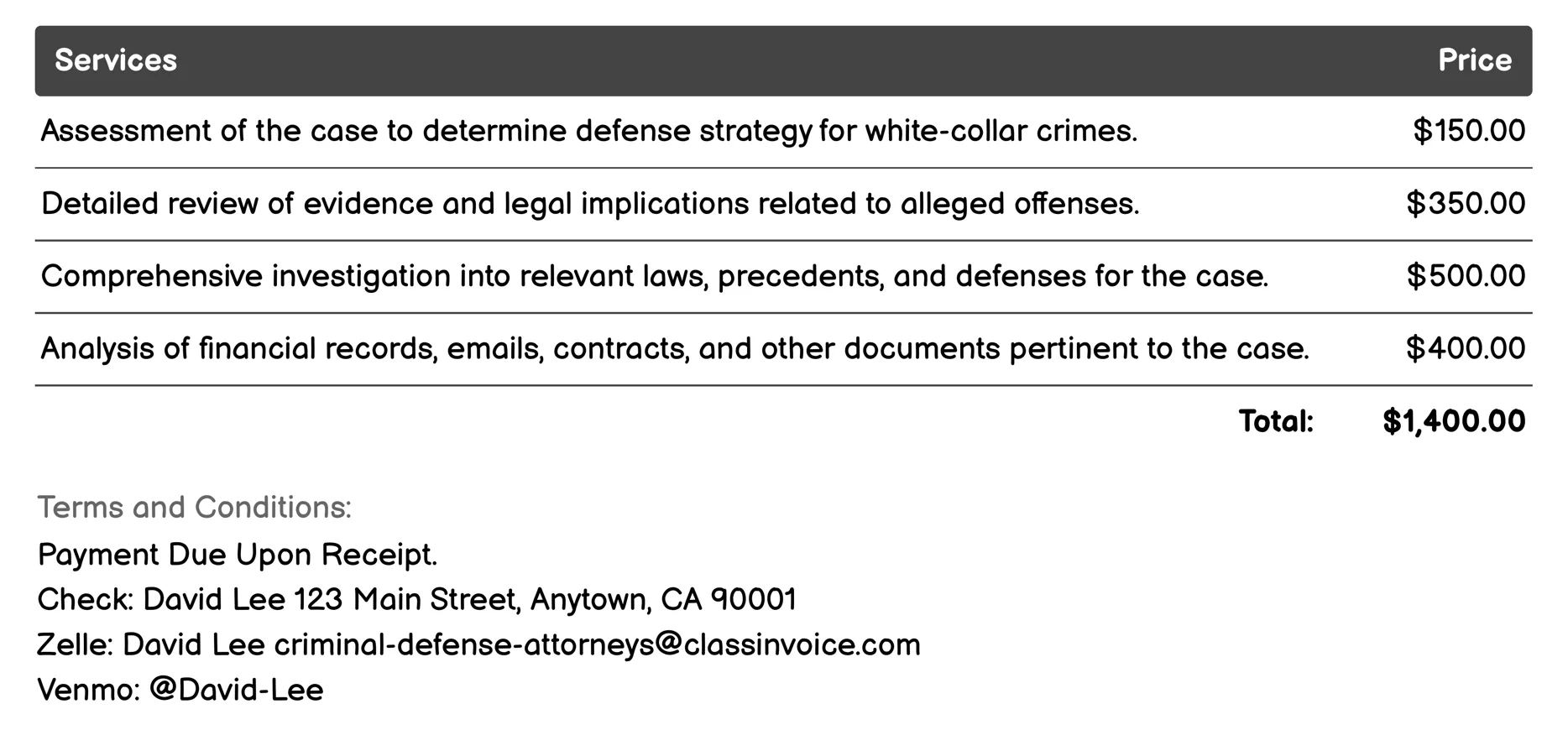 White Collar Crime Defense Invoice Example