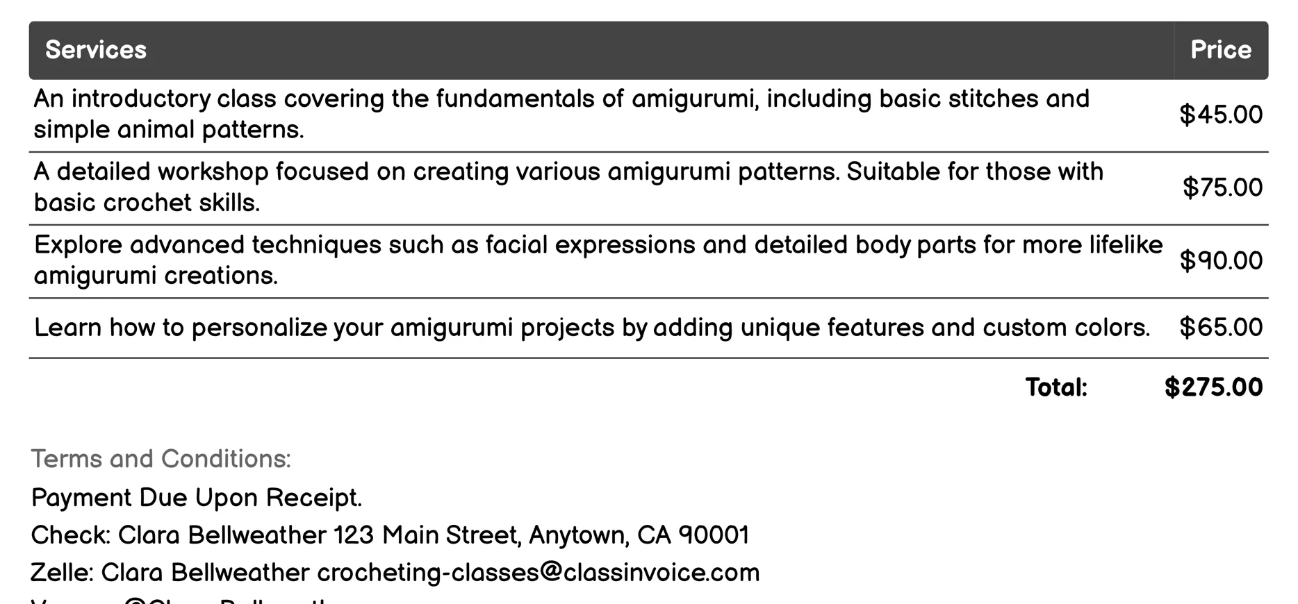 Amigurumi Workshop Invoice Example