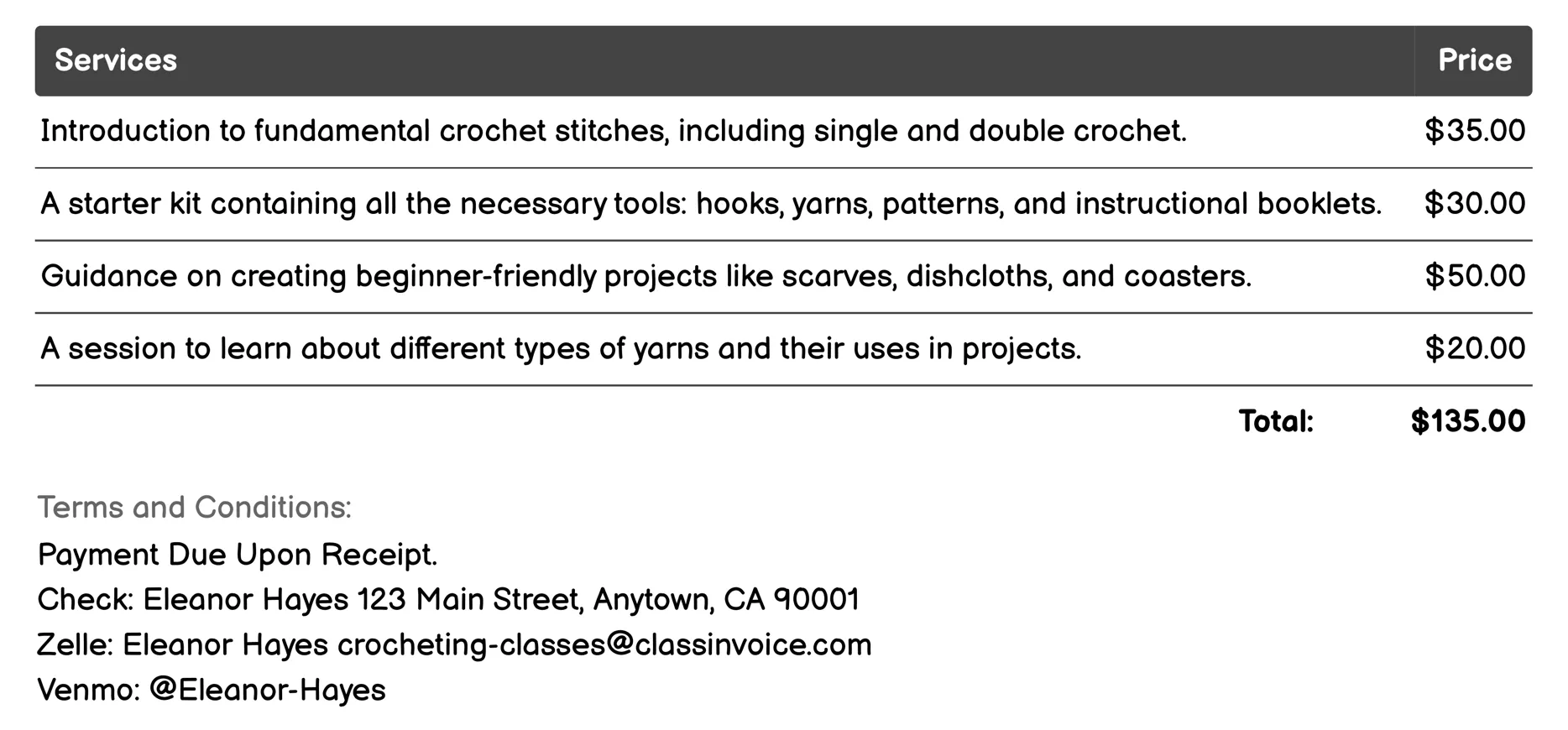 Beginner Crochet Class Invoice Example