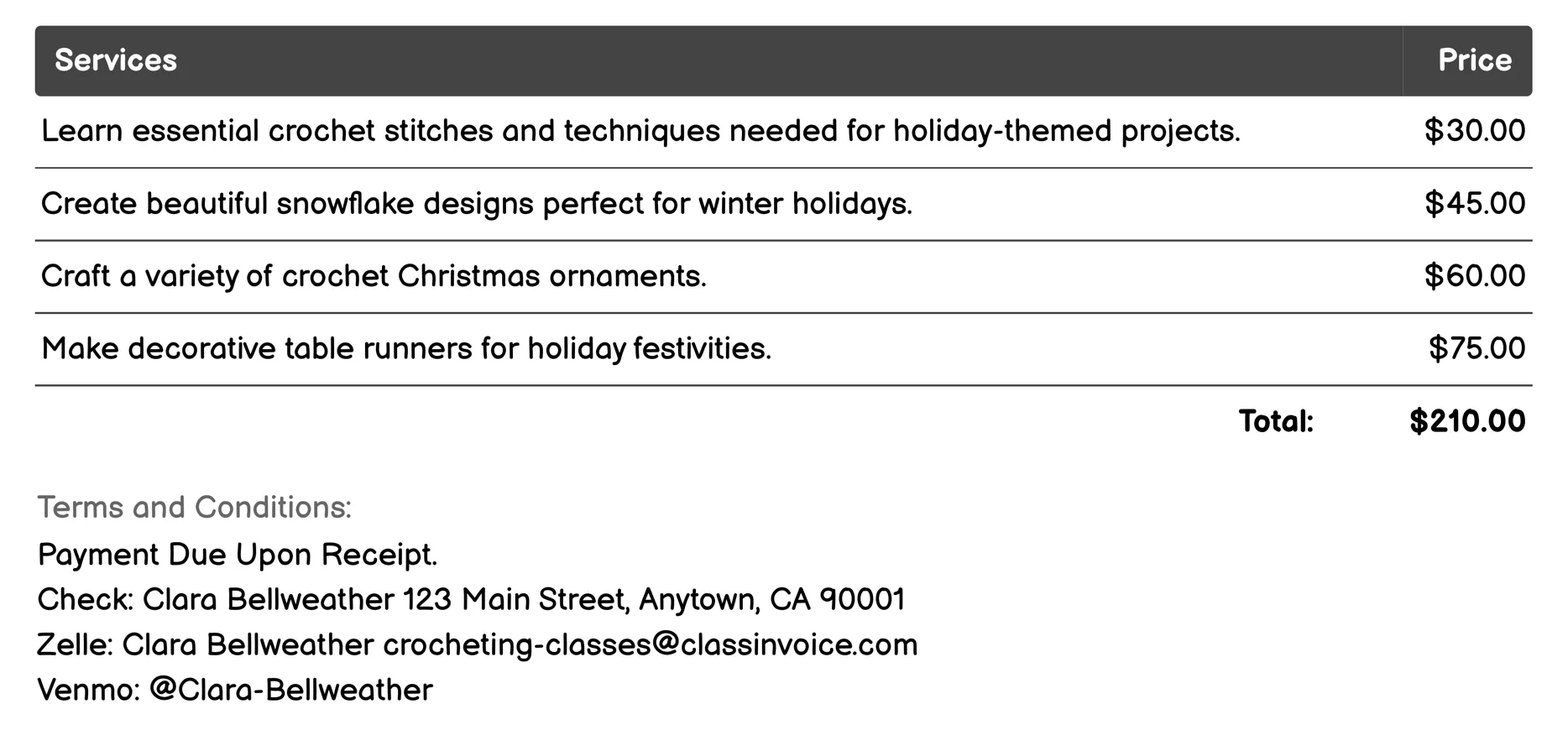 Holiday-Themed Crochet Projects Invoice Example