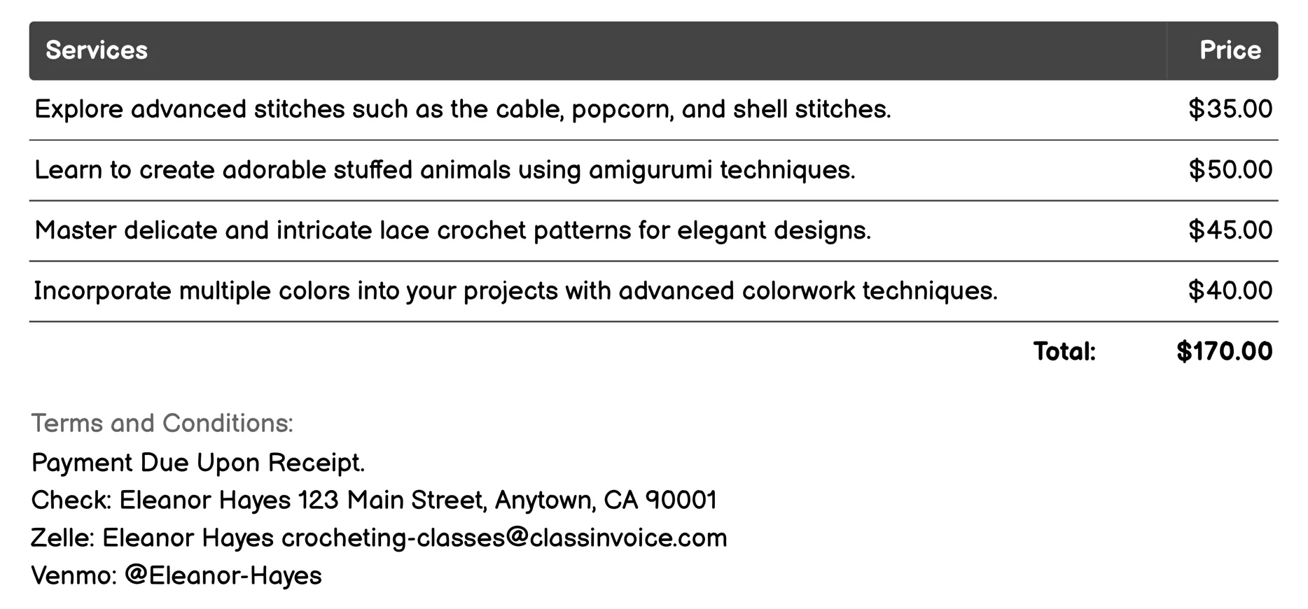 Intermediate Crochet Techniques Invoice Example