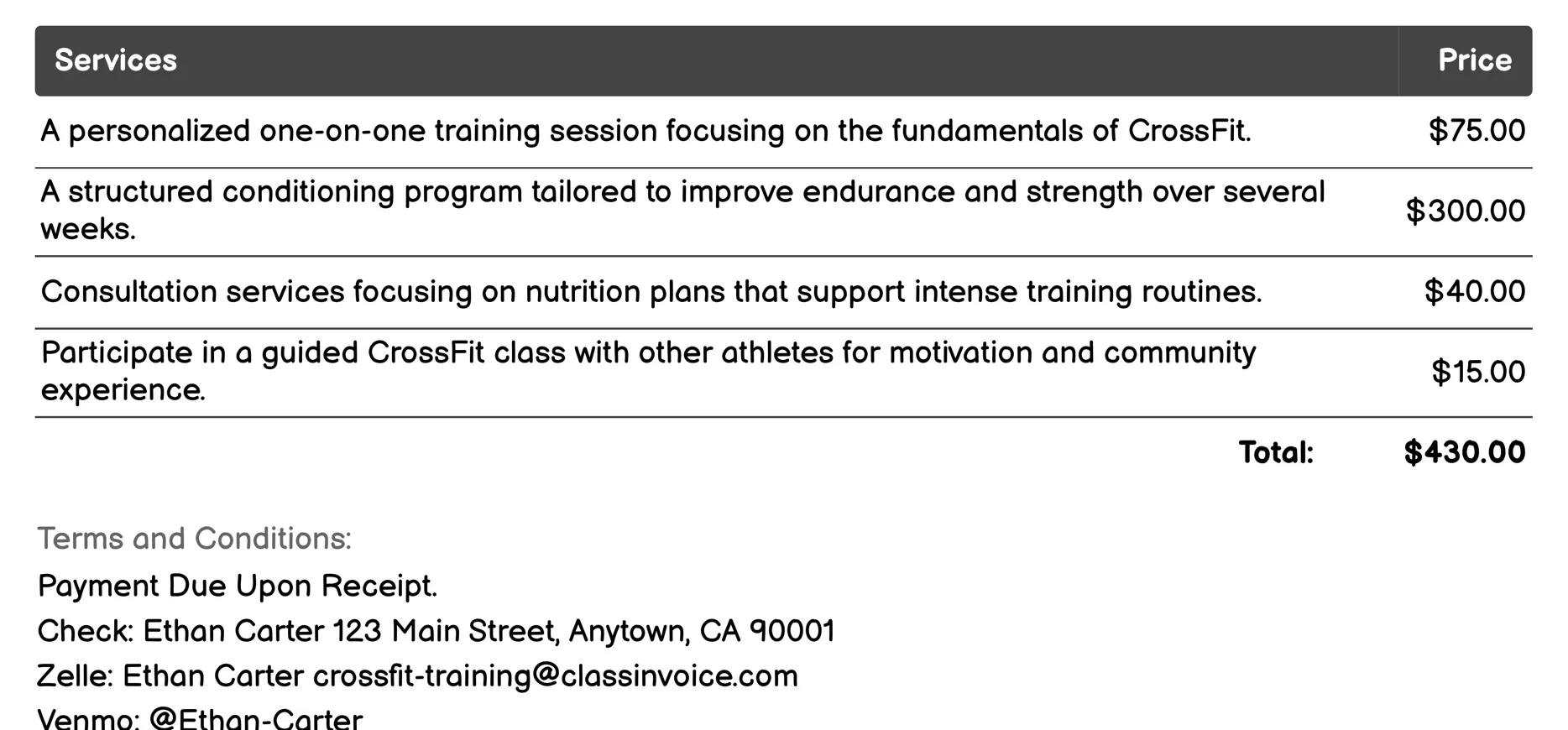 Personal Training Invoice Example