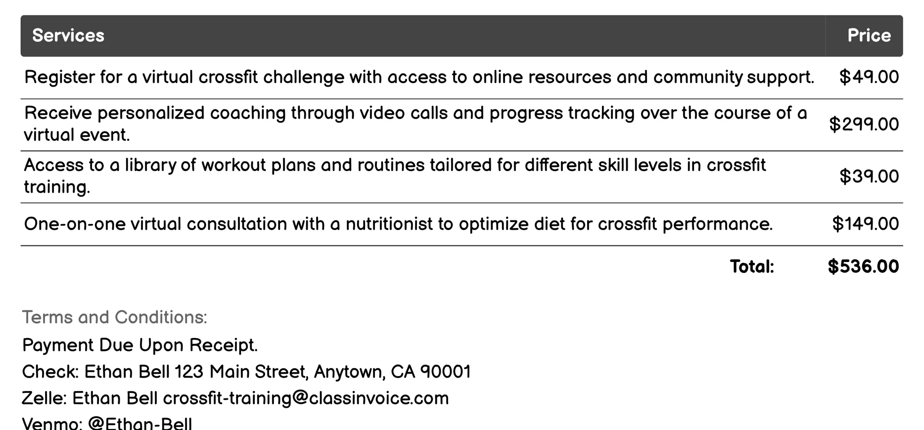 Virtual Challenges Invoice Example