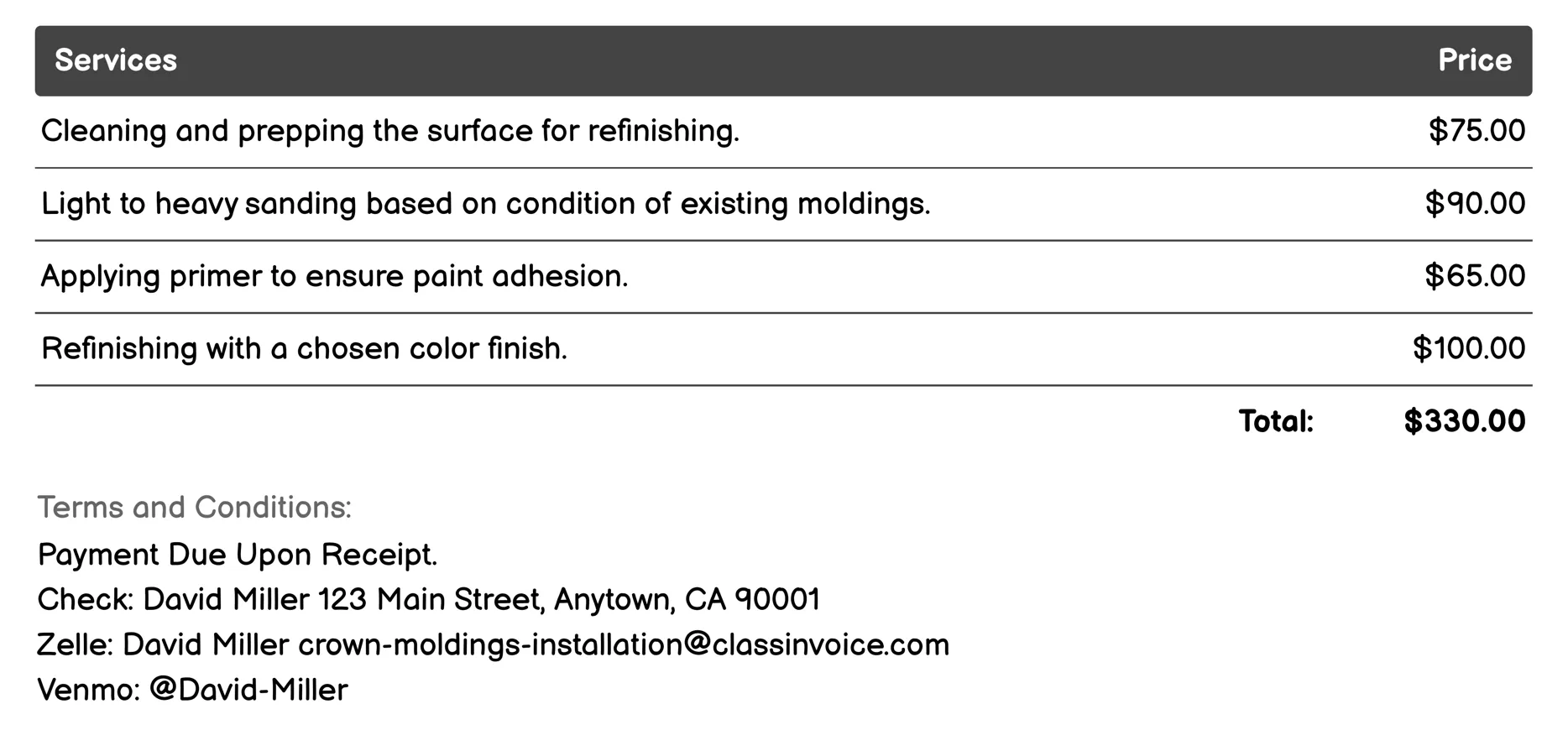 Crown Molding Refinishing Invoice Example