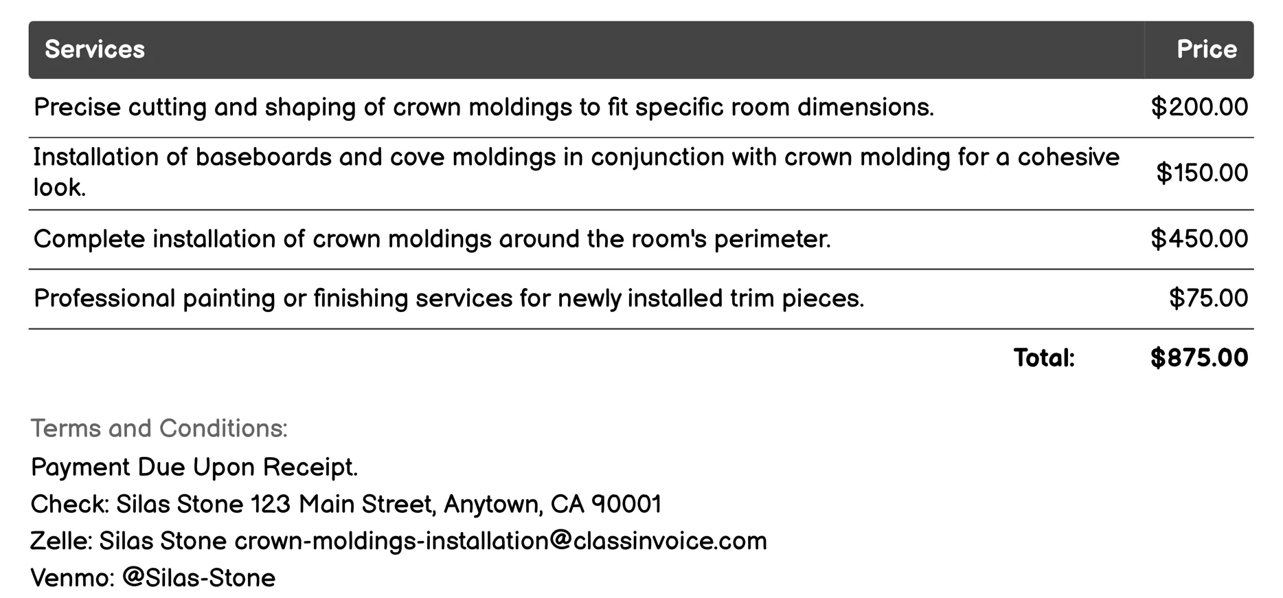 Molded Trim Installation Invoice Example