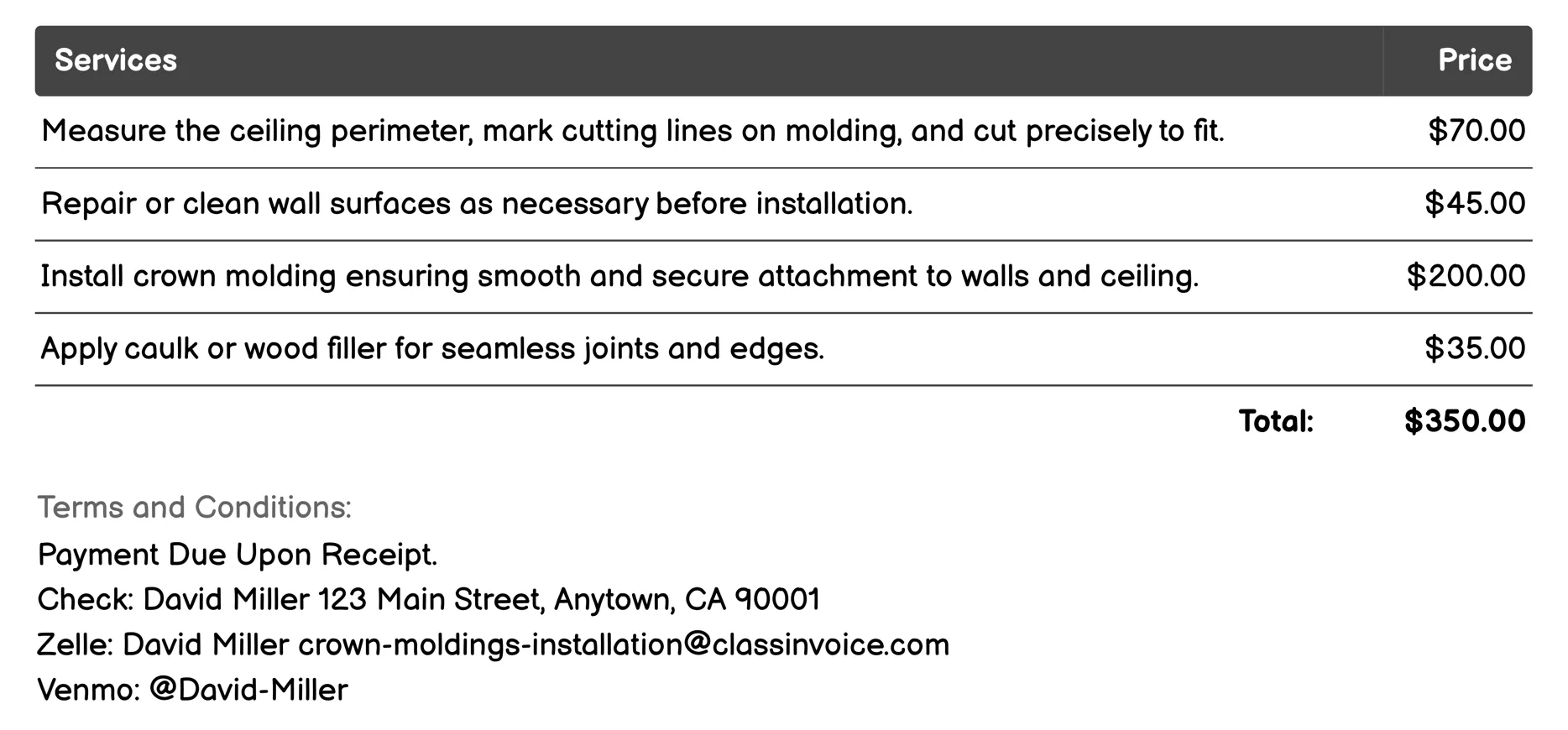 Trim and Molding Repair Services Invoice Example