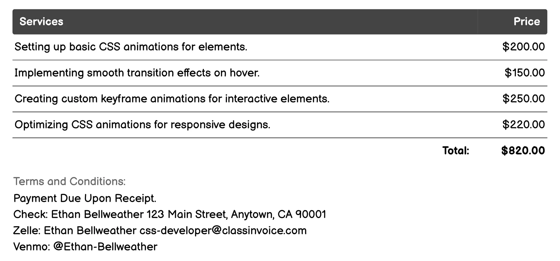 Animation and Transitions Invoice Example