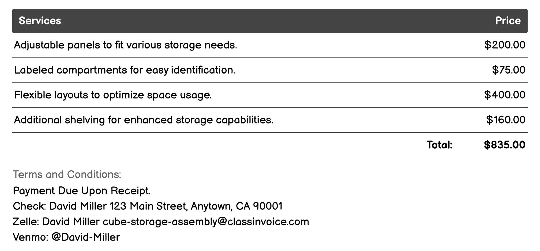 Customization Options Invoice Example