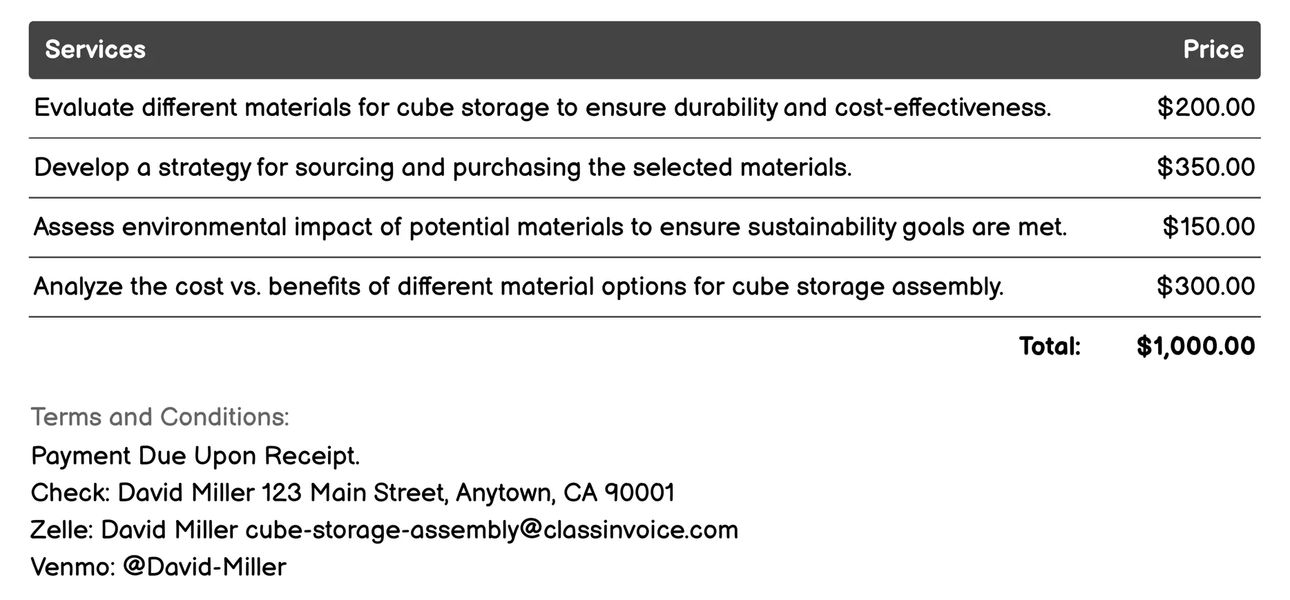 Material Selection Invoice Example