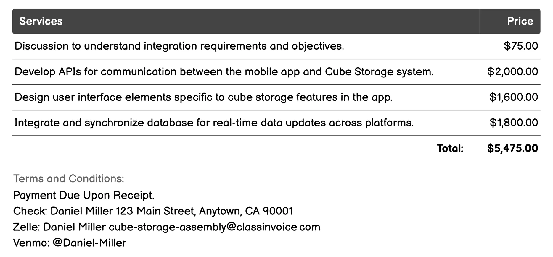 Mobile App Integration Invoice Example