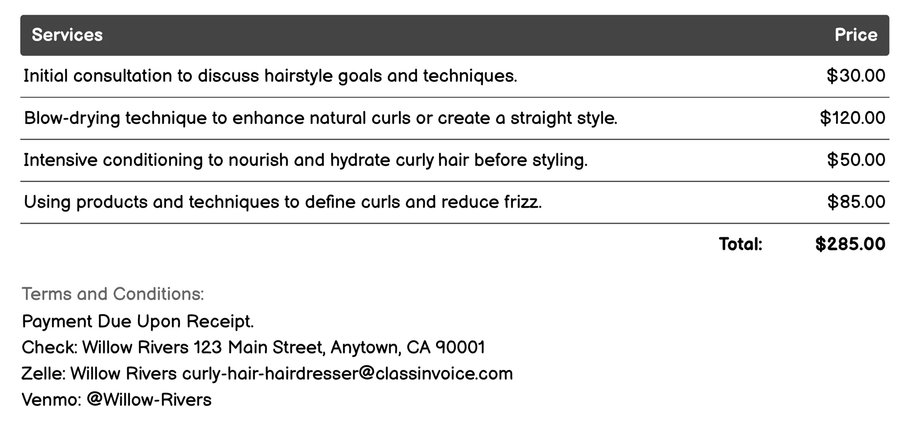 Curly Hair Blowout Invoice Example