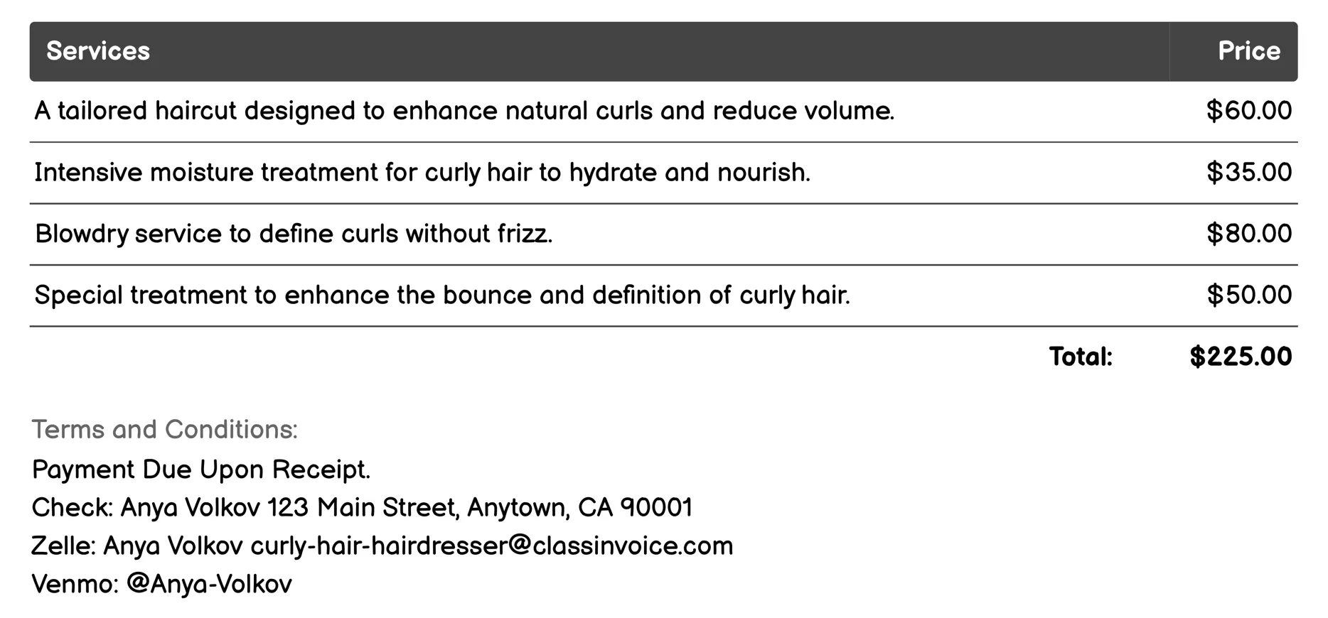 Curly Hair Styling Invoice Example