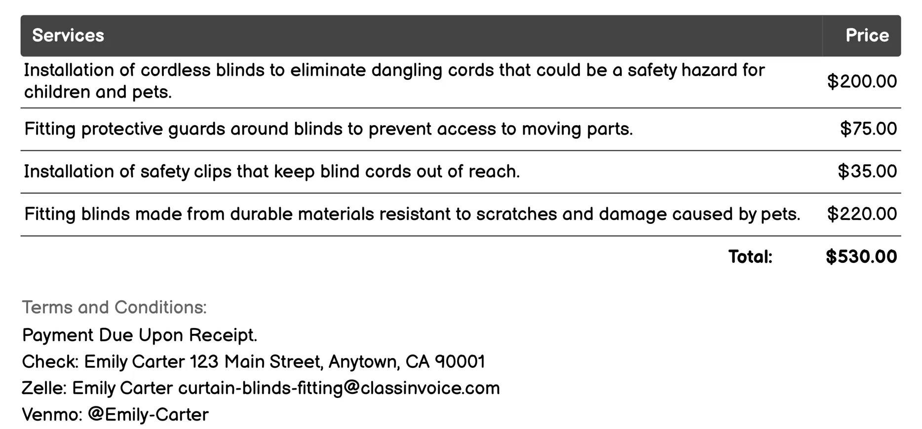 Child and Pet Safety Features Invoice Example
