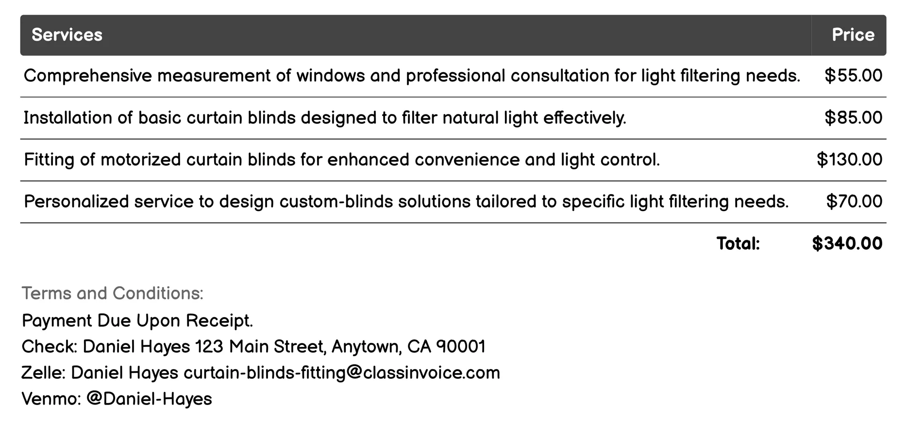 Light Filtering Solutions Invoice Example