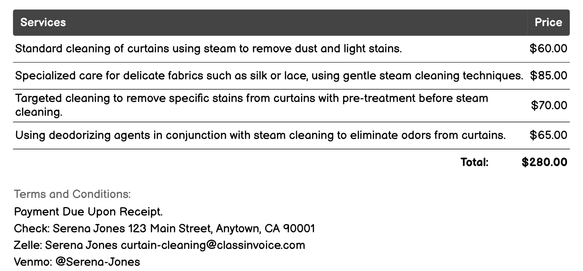 Drapery Steam Cleaning Invoice Example