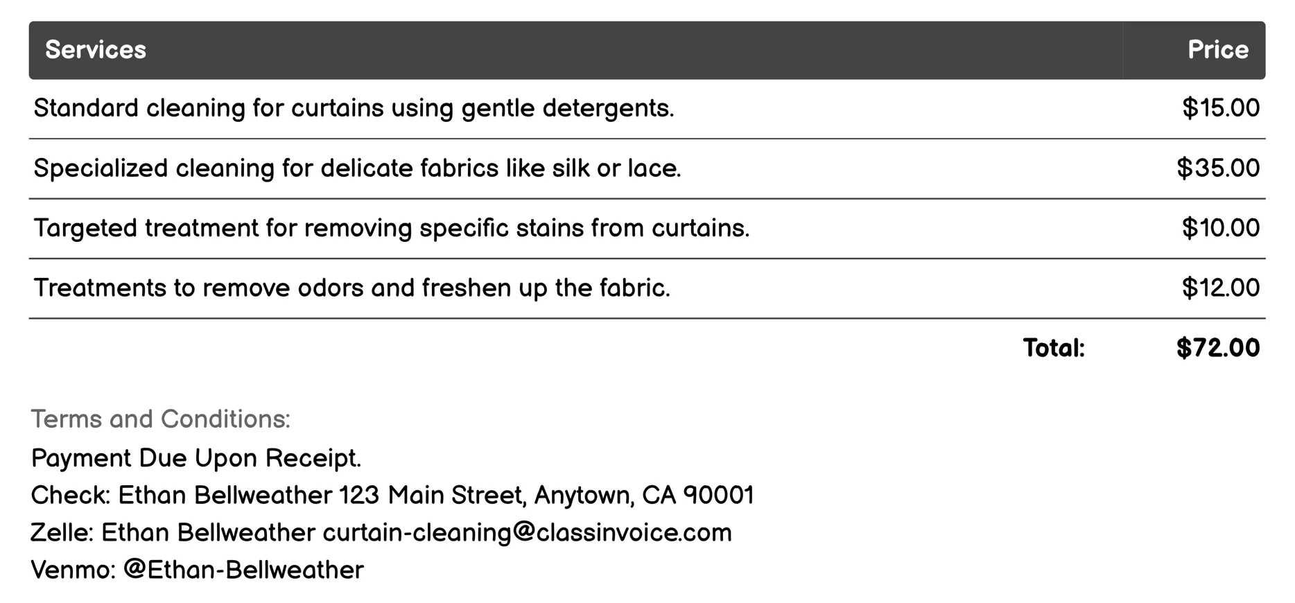 Window Curtain Dry-Cleaning Invoice Example